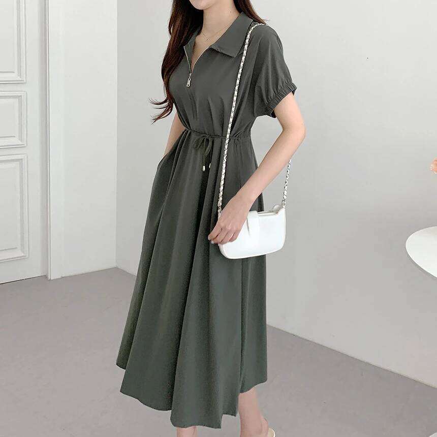 REALEFT Vintage Zipper Women's Shirt 2025 New Short Sleeve Lace-up Turn-down Collar Solid Casual Straight Loose Dresses XJ260130