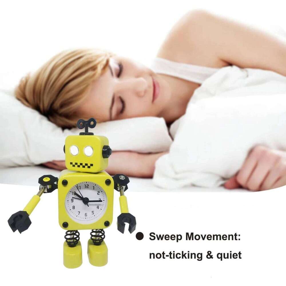 Robot Alarm Clock, Non-Ticking Wake-up Clock with Flashing Eye Lights and Rotating Arm, Gift Kids, Funny Decoration for Desk W260130