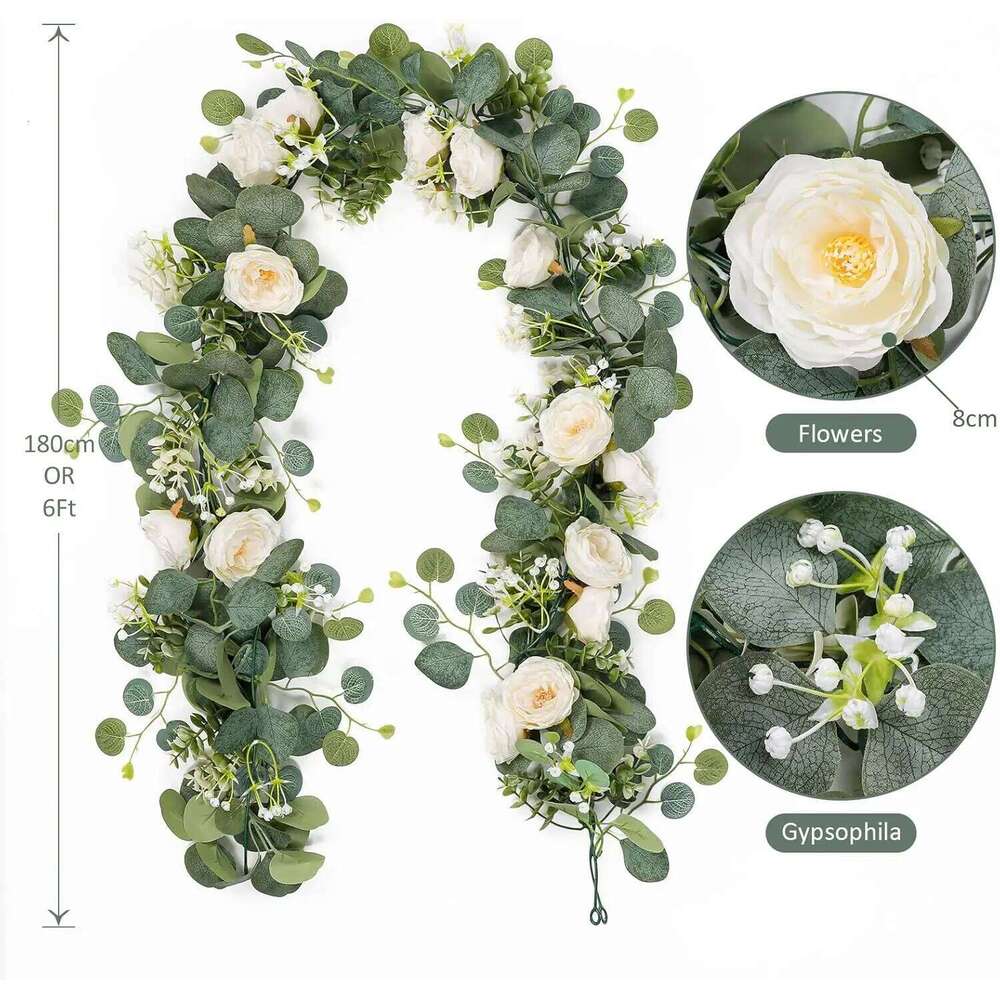 2pc 1.8M Realistic Faux Eucalyptus & White Roses Garland Vine for Wedding Arch Table Centerpiece Balcony Staircase Party Decor Y260130