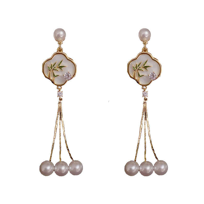 New Chinese Fan-Shaped Bamboo Leaf Fashion Retro National Style Long Tassel Pearl Cheongsam Earrings Ear Accessories