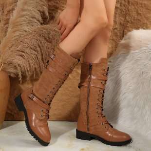 Large Size Belt Buckle Long Tube Riding for Women, New Autumn Round Toe Chunky Heel Lace-up Leather Boots