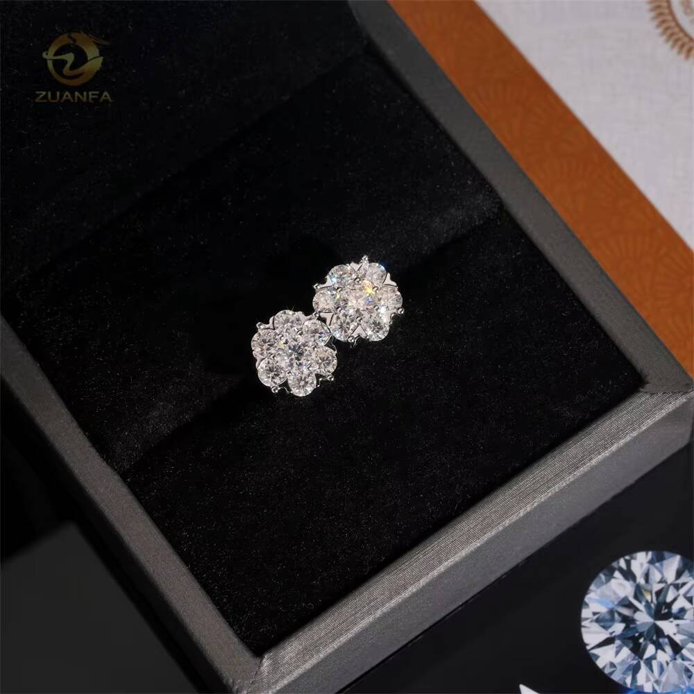 High Quality Shining Bling Flower Hip Hop 925 Silver Diamond Stud Moissanite Earrings