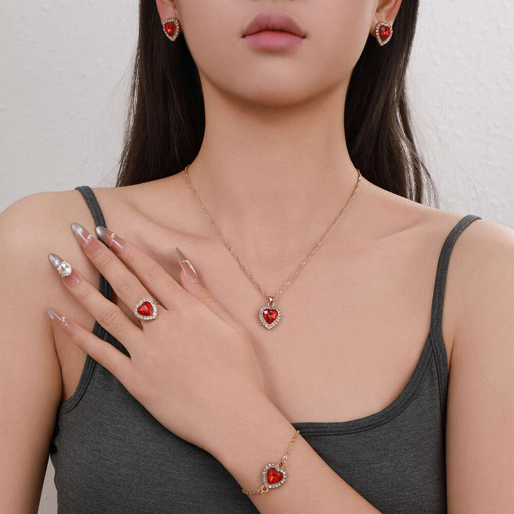 jewelry woman designer European and American Heart Jewelry Set Cross-Border Fashion Inlaid Heart-Shaped Zircon Pendant Necklace Bracelet Earrings Ring