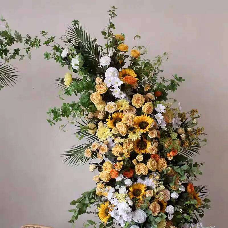 Yellow With Rose Floral Arrangement Wedding ox Horn Arch Backdrop Decor Flower Stand Party Event Stage Frame Prop Window Display W260130