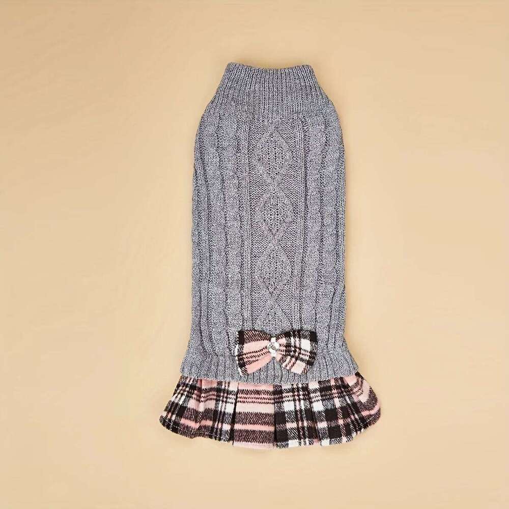 Small Dogs with Bowtie Turtleneck Knitted Dress Pet Dog Winter Clothes Warm Sweater for Yorkies Chihua H260129