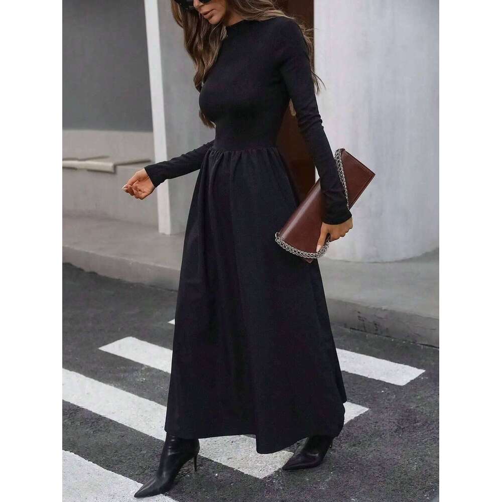 Women's Black Mock Neck Long Sleeve Maxi Dress High Waisted Flowy Skirt Slim Fit Elegant Casual Daily Office Date Wear XJ260130