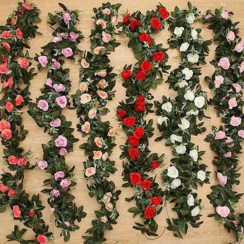 Artificial Rose Vine Hanging Flowers for Wall Christmas Rattan Fake Plants Leaves Garland Romantic Wedding Home Decoration W260130