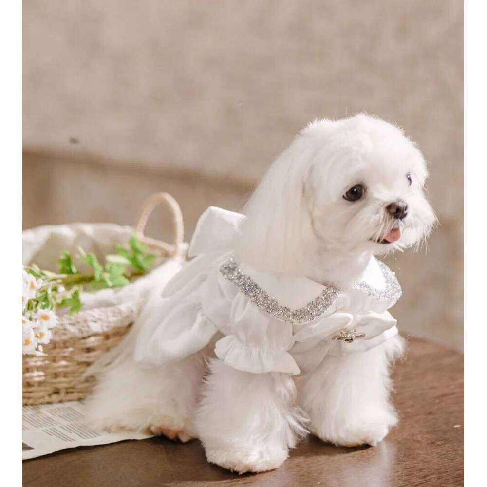 White Luxury Diamond-Studded Shiny Pet Wedding Dress With Classic Design For A Little Dog'S Outfit H260130