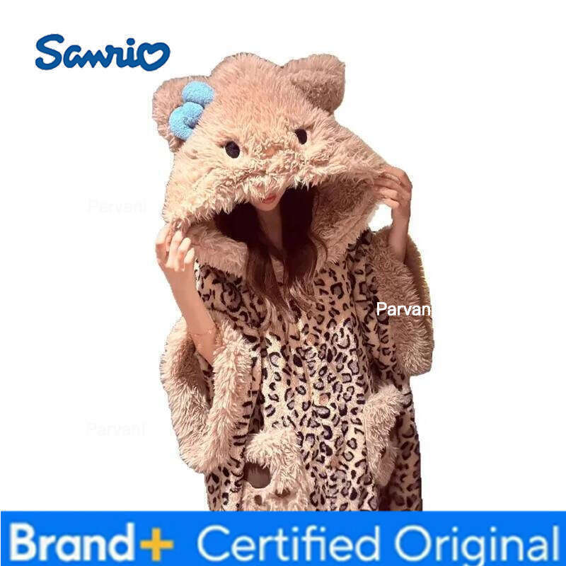 Sanrio Cartoon Hello Kitty hooded coral velvet nightgown Kawaii thickened warm and comfortable cloak home clothes holiday gift H260130