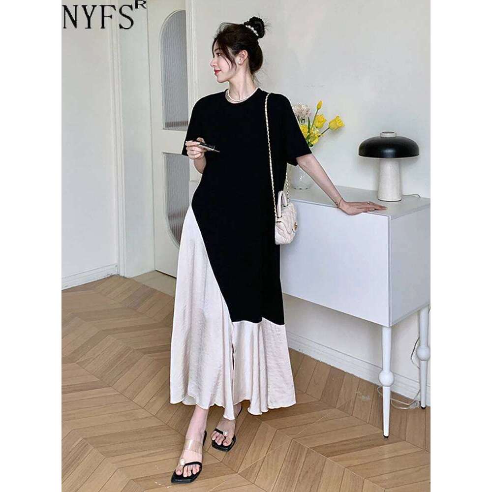 NYFS 2025 Summer New Korea Woman Vestidos Robe Elbise Loose Plus Size Short Sleeve Patchwork Acetate Satin Hem Long Dress XJ260130