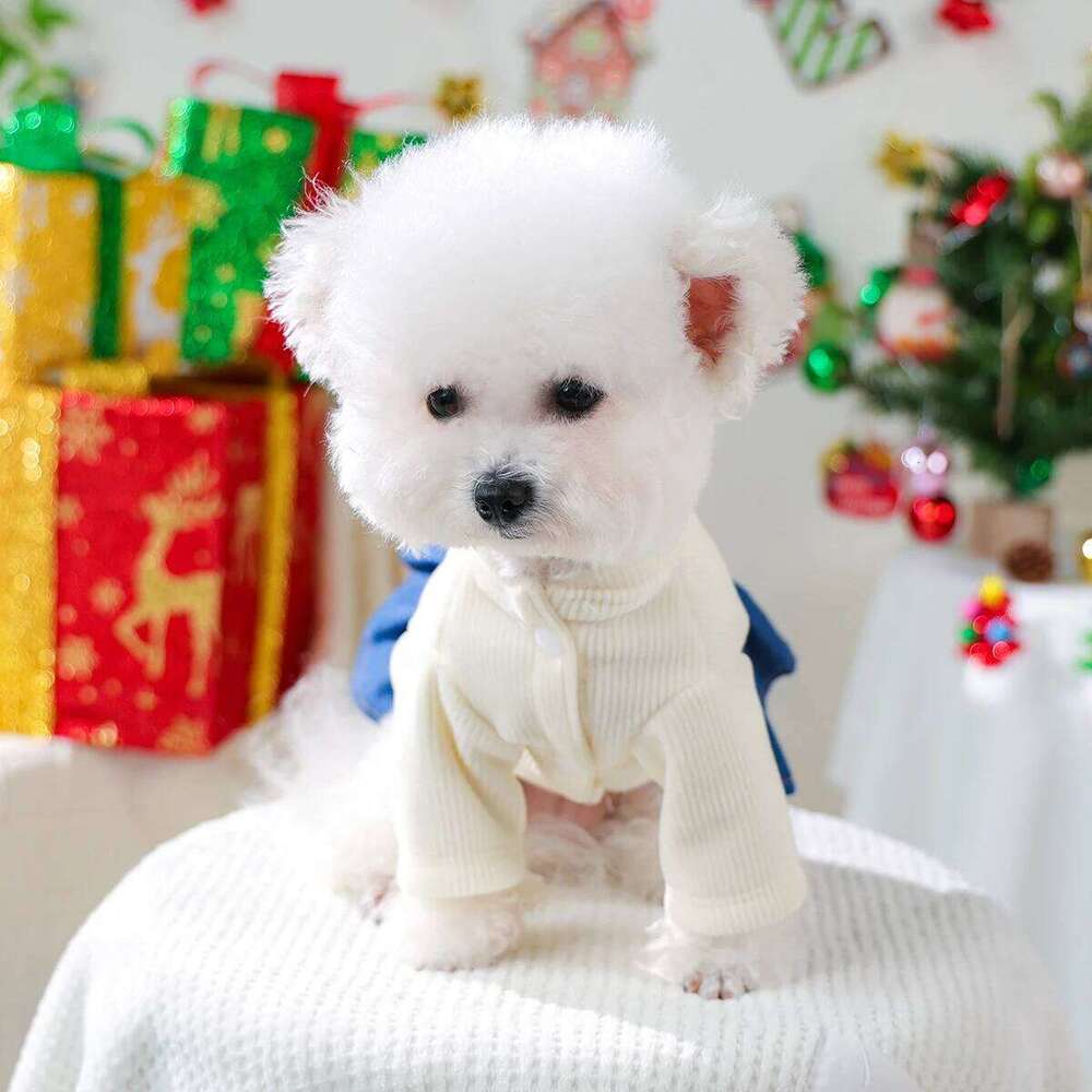 Cat Dog Pet Blue and White Color Scheme Open Lady Temperament Christmas Style Traction Button Dress H260129