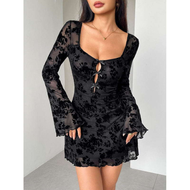 Luxury Brand Designer Clothes European And American 2025 Autumn Dress New Flocked Long Sleeve Floral Hollow Bow Women's Clothing