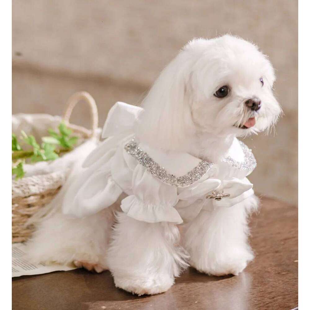 White Luxury Diamond-Studded Shiny Pet Wedding Dress With Classic Design For A Little Dog'S Outfit H260130