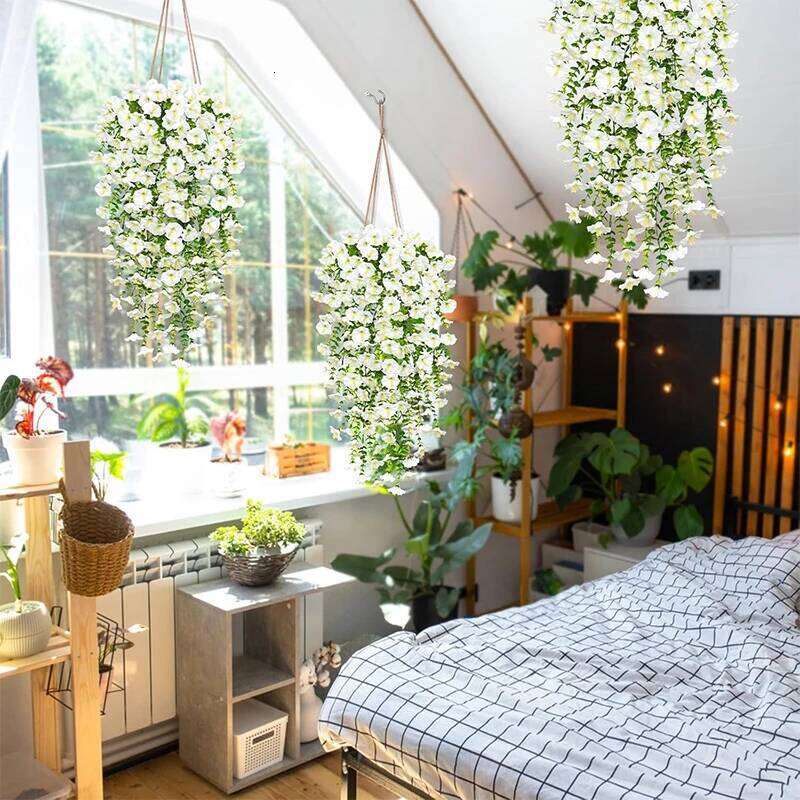 1/2Pc 75cm White Artificial Morning Glory Wall Faux Violet Plants Hanging Flowers Vines for Home Garden Wedding Decor W260130