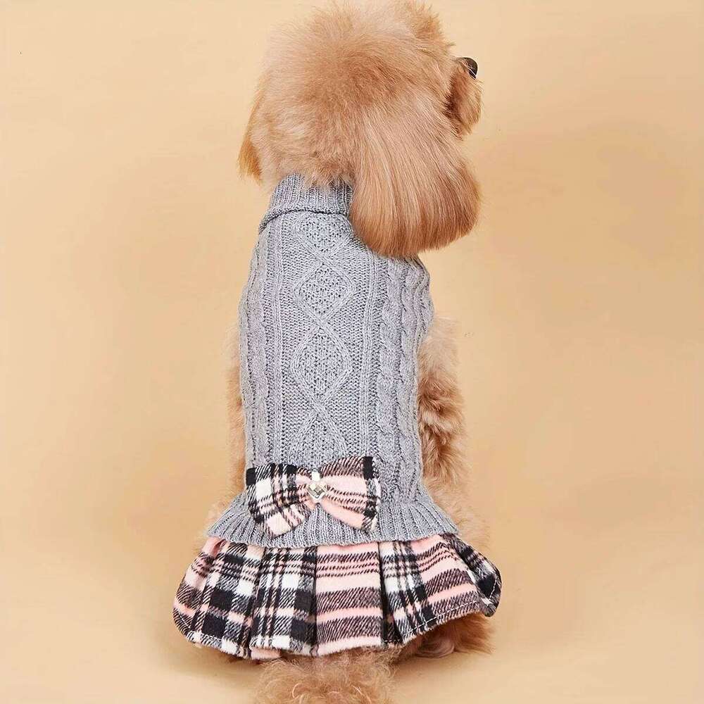 Small Dogs with Bowtie Turtleneck Knitted Dress Pet Dog Winter Clothes Warm Sweater for Yorkies Chihua H260129