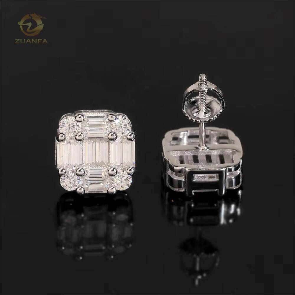 Pass Diamond Tester High Quality Baguette Diamond Design 925 Sterling Silver White Gold Moissanite Earrings