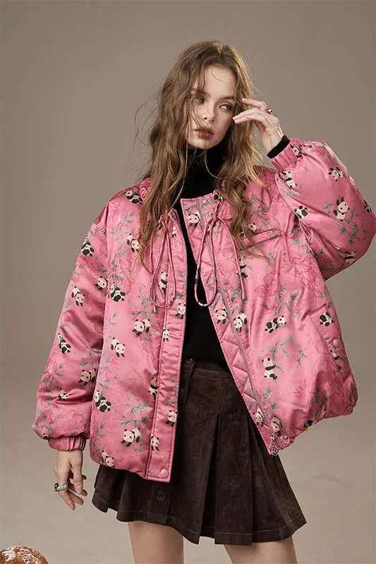 Mardi Hefxessdr ELFSACK Women s Pink Panda Puffer Jacket with Drawstring Warm Quilted Winter Coat Cute Floral Print Casual Street Style