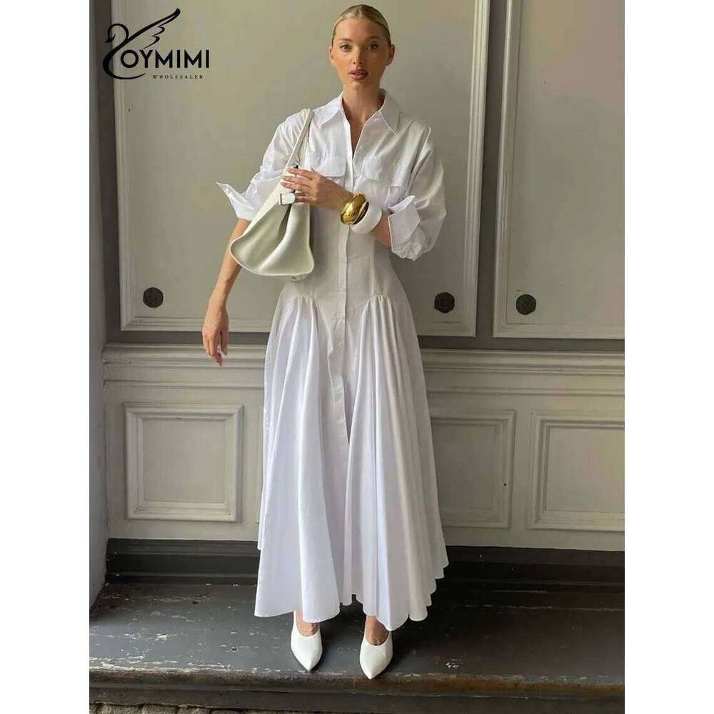 Oymimi Elegant White Lapel Women's Dress Fashion Three Quarter Sleeve Pockets Casual Button Pleated Ankle-Length Dresses XJ260130
