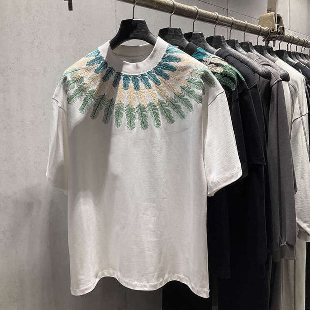 Men's T-Shirt Round Neck Versatile Half Sleeve Summer New Embroidery Peacock Feather Short Trendy Outdoor Recreation