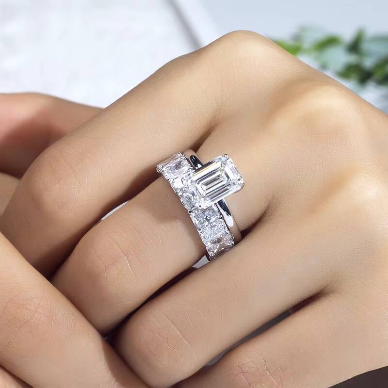 MSR-1519 18k White Gold Jewelry Engagement Rings Emerald Cut Lab Grown Diamond Stackable Rings