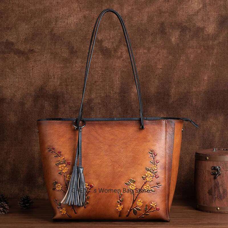 Vintage D Floral Embroidery Designer Large Capacity Women S Tote Bag Premium Cowhide Leather Luxury Handbags For KABAHEBINGJUE