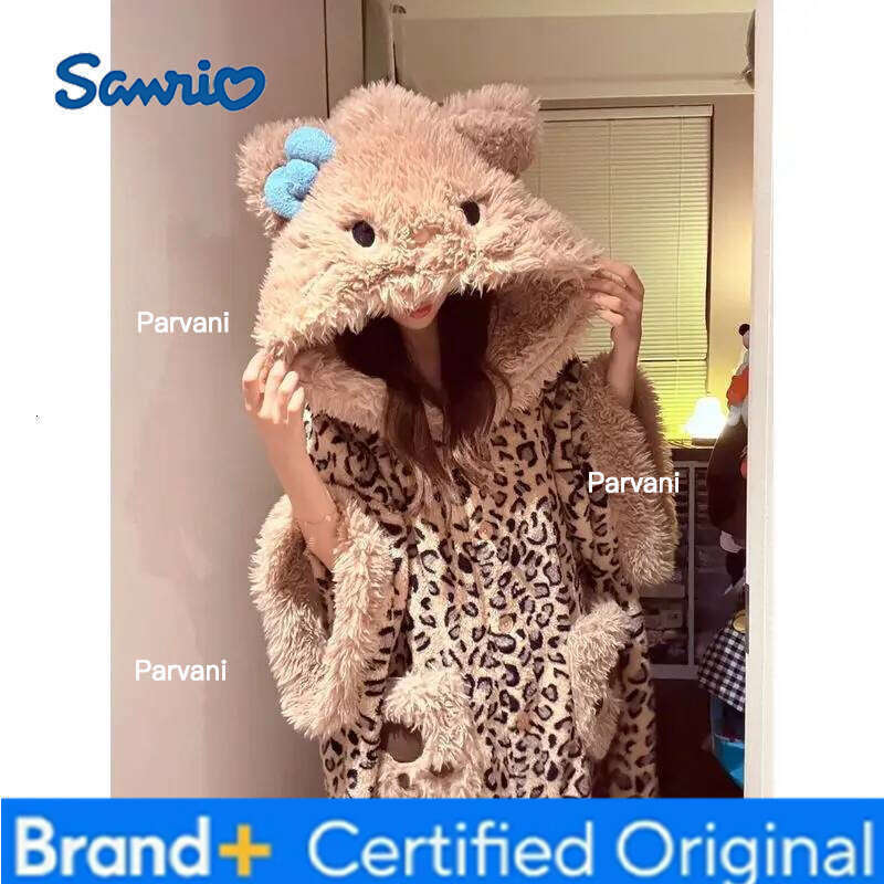 Sanrio Cartoon Hello Kitty hooded coral velvet nightgown Kawaii thickened warm and comfortable cloak home clothes holiday gift H260130