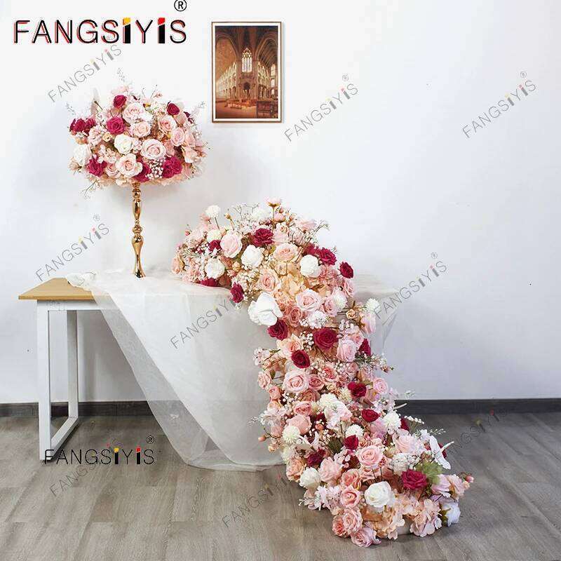 Brand-new Pink Rose Hydrangea Flower Row Runner Artificial Flowers Wedding Backdrop Decor Floral Wall Party Prop Window Display W260130