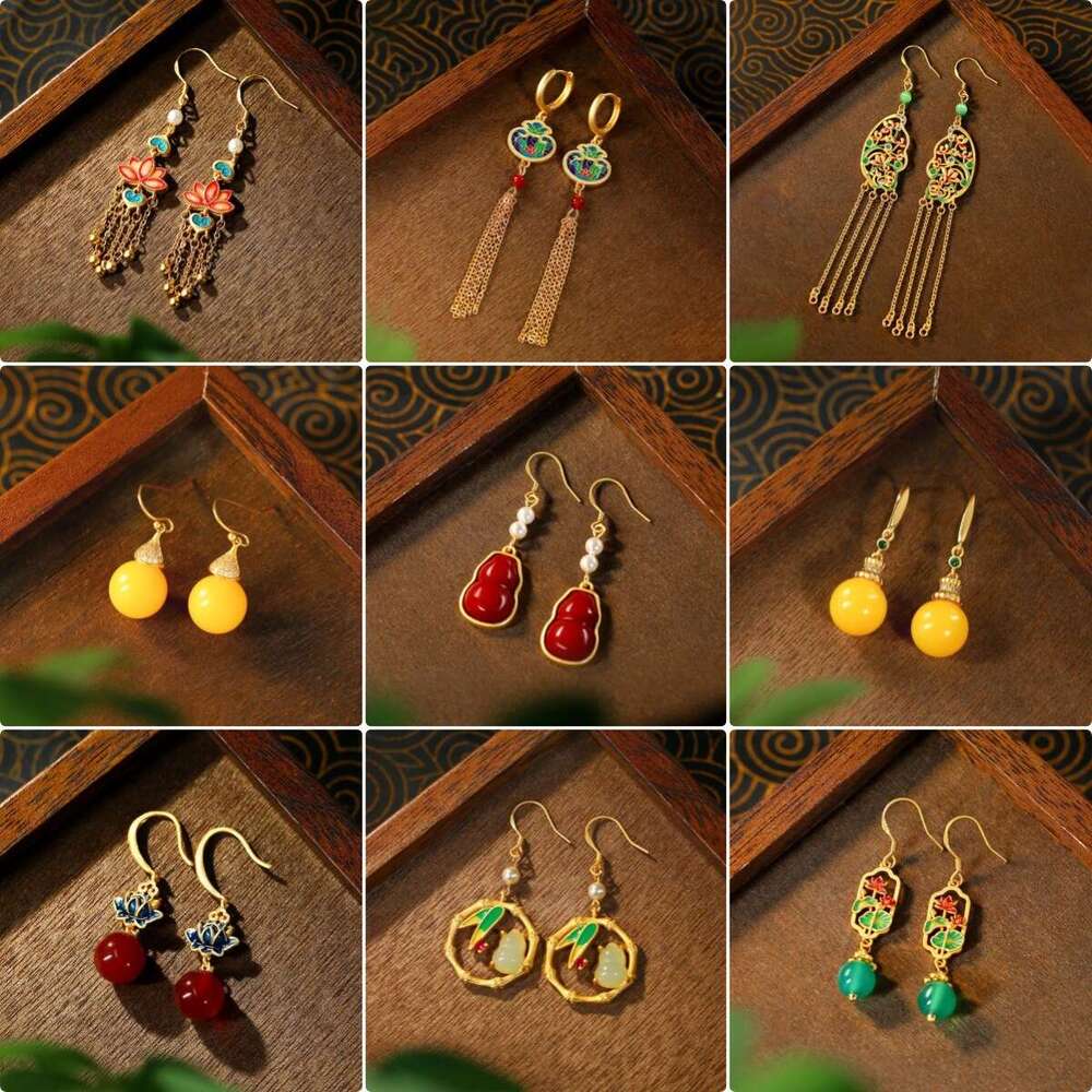 Chinese Enamel Gradient Flower Niche Design Ancient Style Live Streaming Hot Item Light Luxury Earrings Studs Wholesale