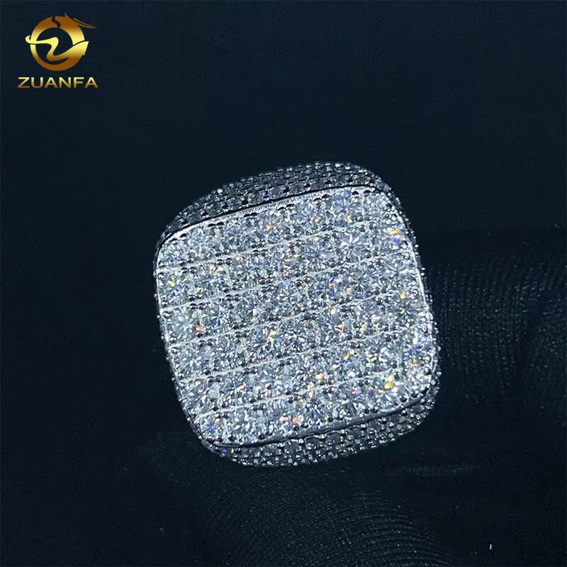Hot Sale Design square Shape Fully Moissnaite Mens Ring 18K White Gold Plated 925 Silver VVS Moissanite Iced Out Hip Hop Ring