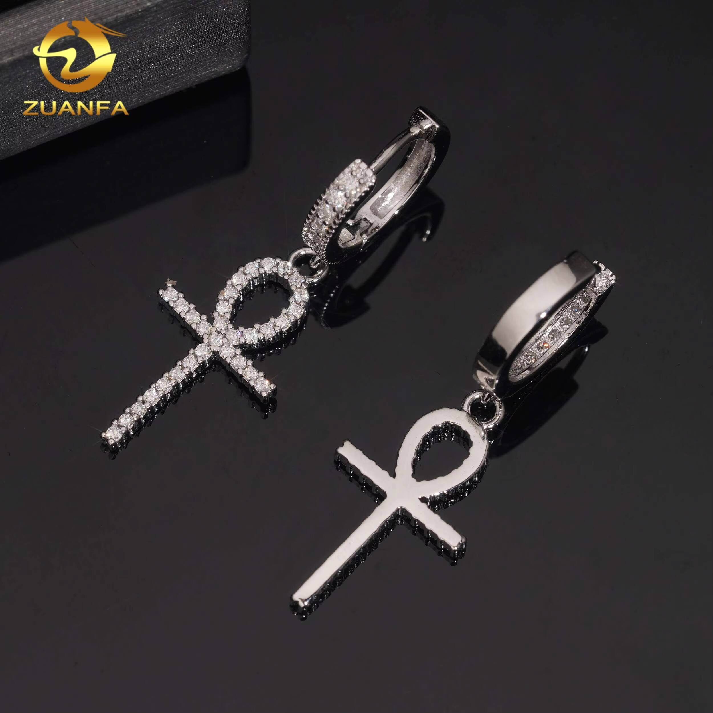 37mm Tall One Row Ankh Cross Stud Earrings Moissanite 925 Silver Real Gold Plated Hip Hop Jewelry Mens Moissanite Earrings