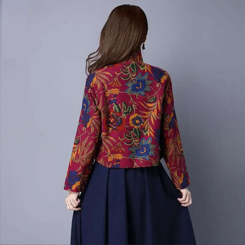 Mardi Hefxessdr Vintage Chinese Tang Dynasty Women Long Sleeve Jacket Republic Of China Autumn Cotton Hemp Button Mandarin Collar Qipao Coat