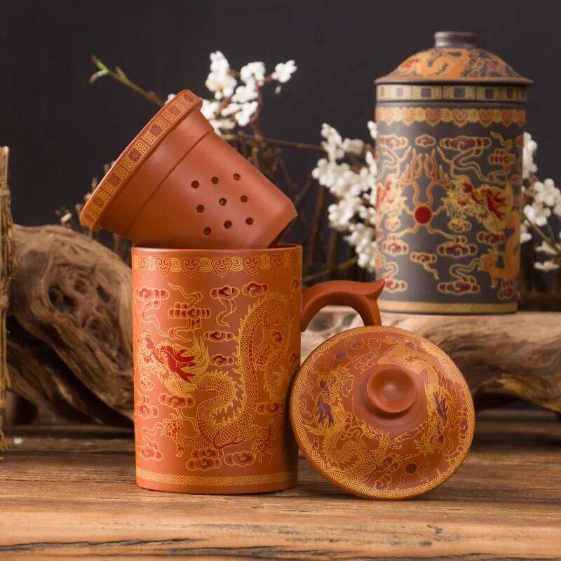 Dragon Beauty Purple Clay Tea Mug with Lid and Infuser, Ceramic Water Mug, Handmade Drinkware, Office Teacup