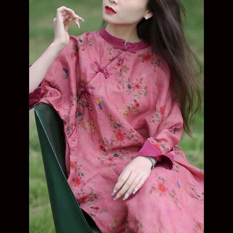 Spring Summer New Chinese Style Women Improved Qipao Long Dress Vintage Print Ramie A-Line Loose Dresses Good Quality Tj47