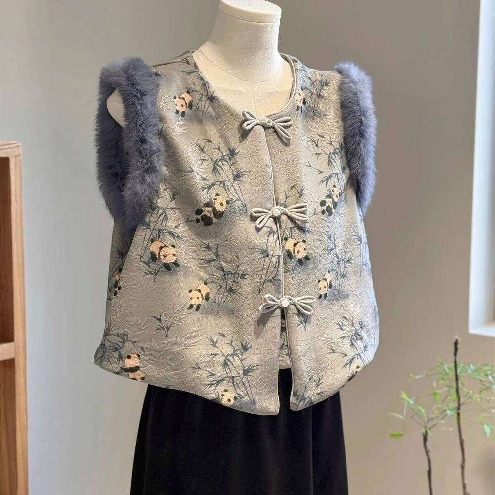 cute panda bamboo printing retro winter warm faux rabbit fur chinese vest fashionable temperament women s singlet