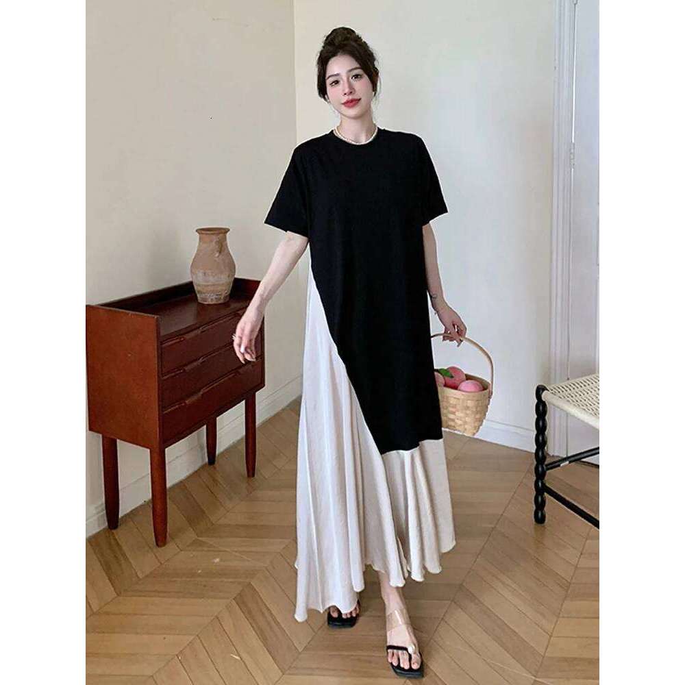 NYFS 2025 Summer New Korea Woman Vestidos Robe Elbise Loose Plus Size Short Sleeve Patchwork Acetate Satin Hem Long Dress XJ260130