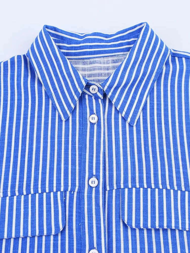 Women Summer Shirts Blouses Tops Casual Striped Linen Loose Pockets Female Elegant Street Short Top Clothing 260126