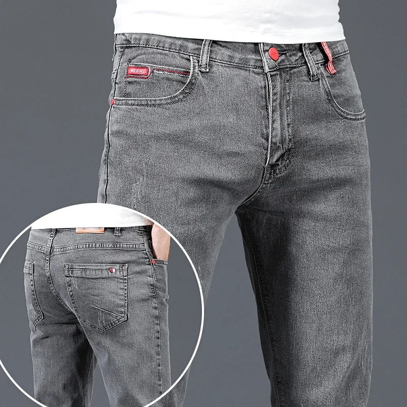 Mens Cotton Business Casual Skinny Jeans Trendy Fashionable Stretch Straight Slim Denim Trousers Male Blue Grey 260127