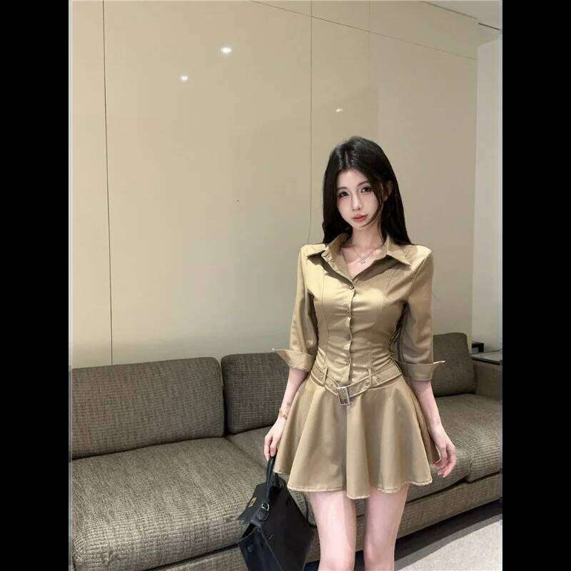 Stylish Hot Girl ollar Three Quarter Sleeve Single Breasted Waist Shirt Design Slimming Dress XJ260130