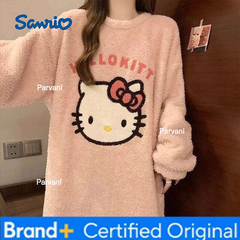 Sanrio Hello Kitty Cartoon Women Sleep Dress Coral Fleece Thickened Student Dormitory Sweet Mid Length Homewear Autumn Winter H260130