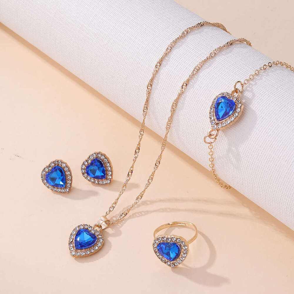 jewelry woman designer European and American Heart Jewelry Set Cross-Border Fashion Inlaid Heart-Shaped Zircon Pendant Necklace Bracelet Earrings Ring