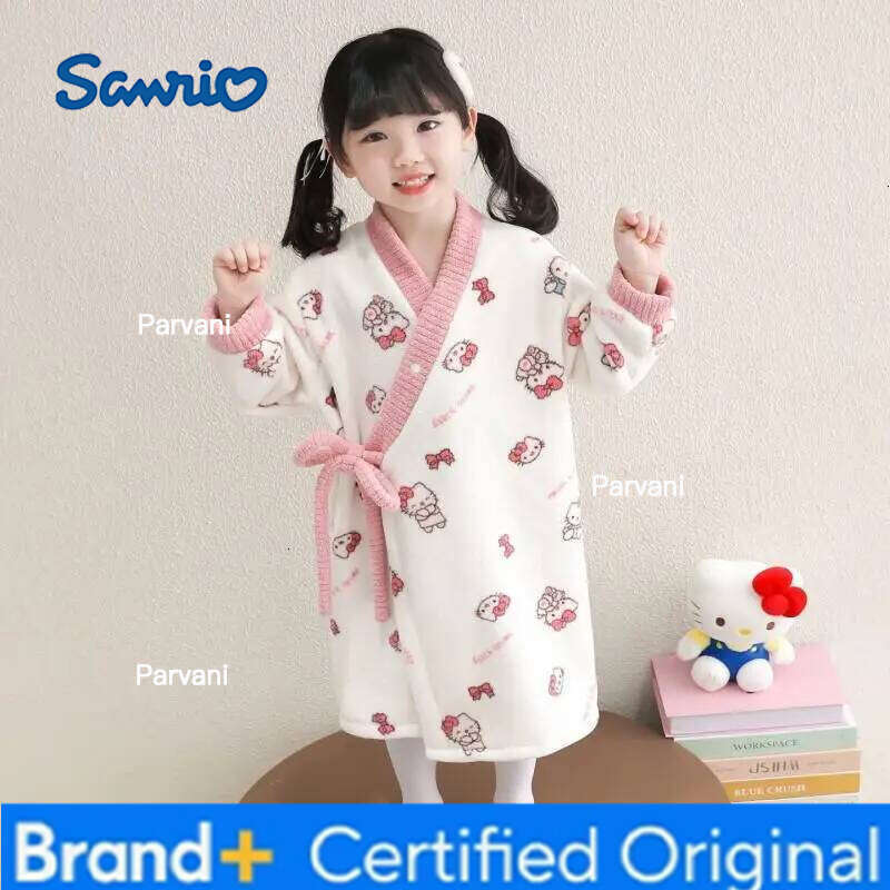 Sanrio Hello Kitty Nightgown Autumn and Winter 2025 New Flannel Thickened Girls Cartoon Cute Kt Cat Warm Home Bathrobe H260130