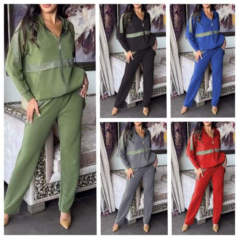Women Sport Leisure Suit Fall Fashion Diamonds Patchwork Piece Sets Casual Zipper Hooded Sweatshirt Coat Long Pants Women Outfit Winter Sportswear Sui