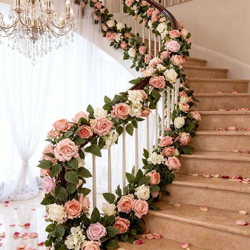 Pink Rose Artificial Flowers Garland 1/2pcs 6.5Ft Hanging Greenery Vine for Wall Backdrop Valentines Day Wedding Home Room Decor W260130