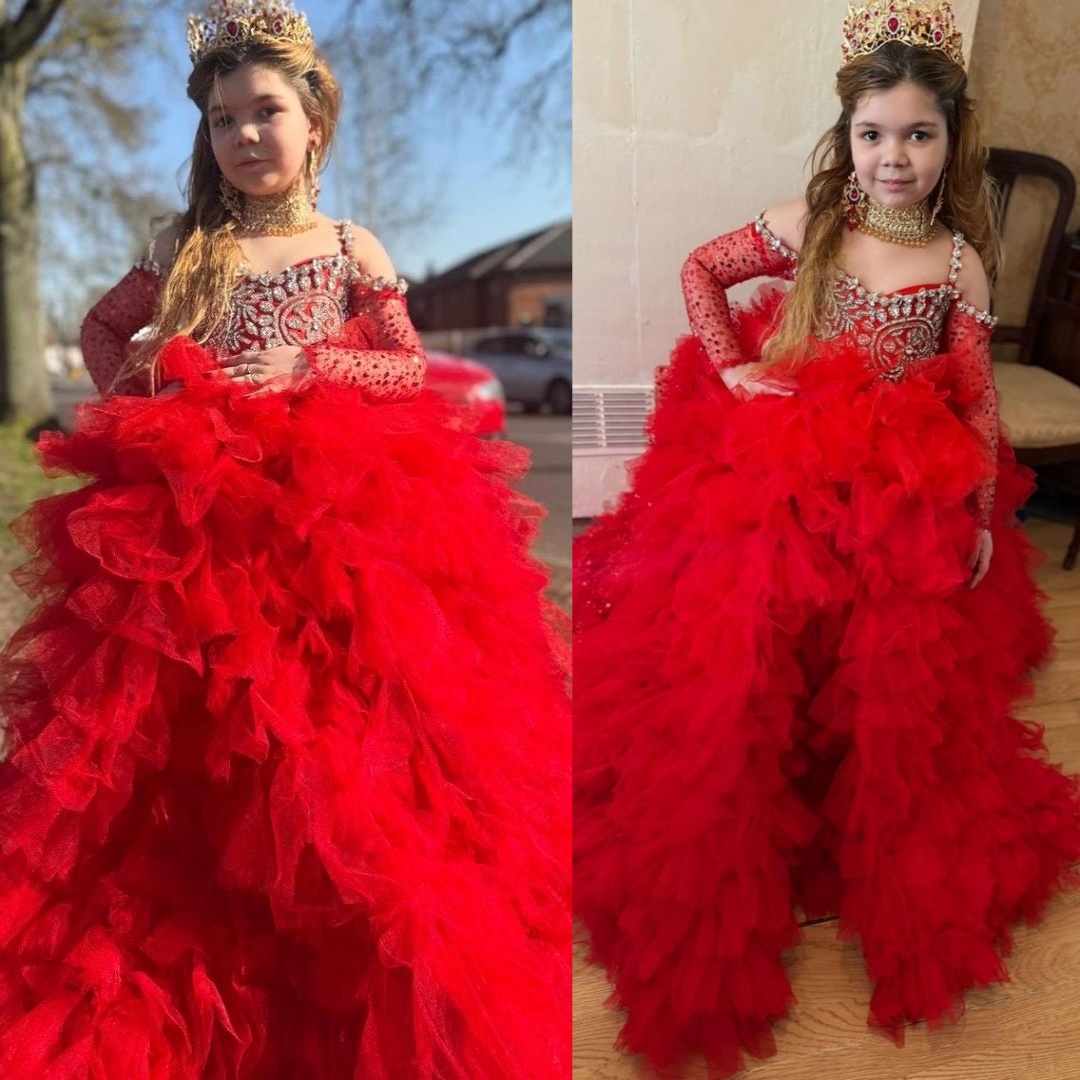 2026 Red Ball Gown Flower Girl Dresses Spaghetti Crystals Tulle Tiers Little Girl Christmas Peageant Birthday Christening Tutu Dress Gowns ZJ4279