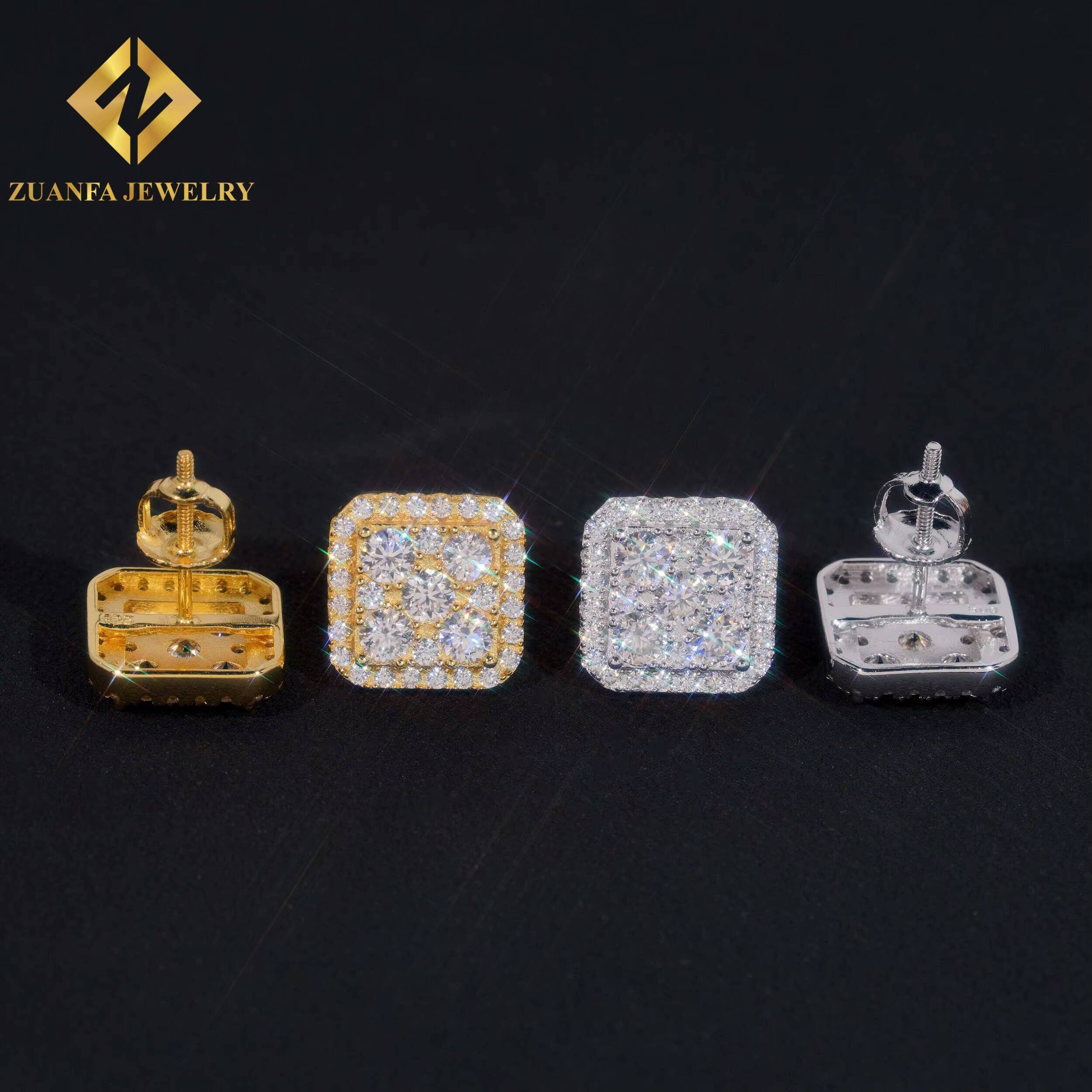 Square Shape VVS Moissanite Stud Earrings 925 Silver Gold Plated Stud Earring Fine Hip HOP Jewelry Men Women