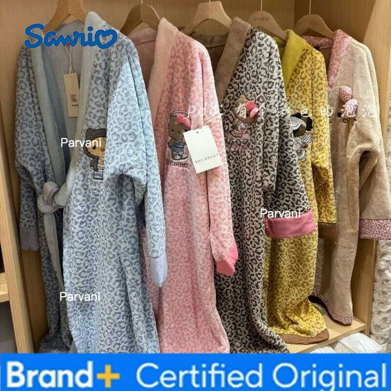 Sanrio Hello Kitty Bathrobe Leopard Print Drying Cap Coral Fleece Quick-Absorbing Lint-Free Soft and Skin-Friendly Homewear Gift H260130