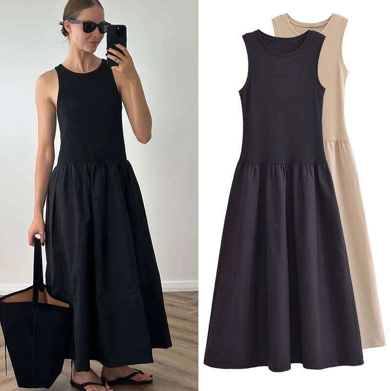 HXAO Black Women Slim Simple O Neck Sleeveless Long Holiday Street Casual Dresses 2025 Women's Summer Dress XJ260130