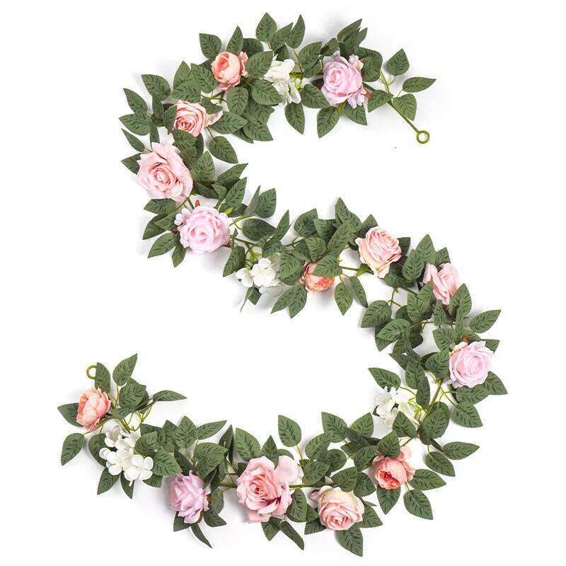 Pink Rose Artificial Flowers Garland 1/2pcs 6.5Ft Hanging Greenery Vine for Wall Backdrop Valentines Day Wedding Home Room Decor W260130