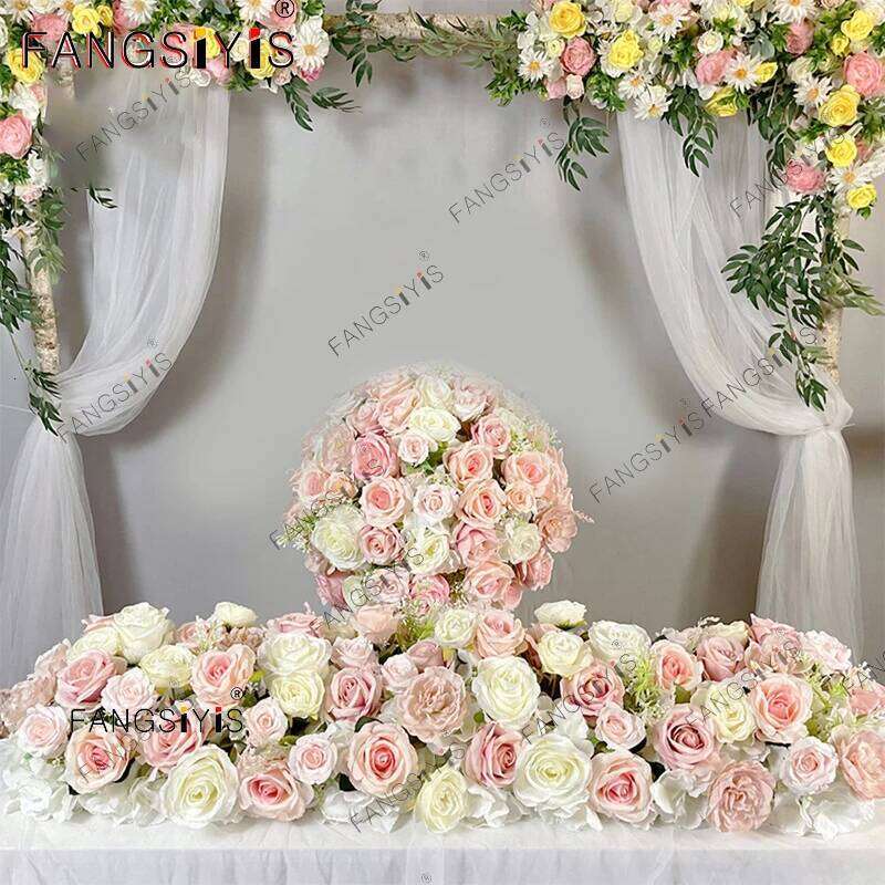 Romantic pink White Rose Hydrangea Sofa Table Runner Wedding Backdrop Arch Decoration Flower Row Arrangement Event Props W260130