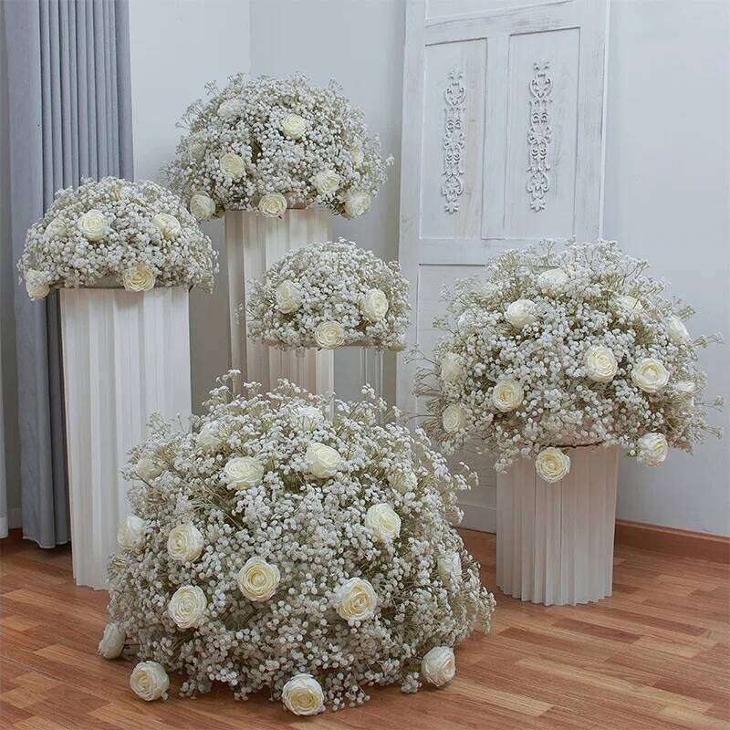 40/50/60/70/80cm White Baby Breath Rose Artificial Flower Ball Wedding Table Centerpiece Deco Gypsophila Floral Event Party Prop W260130